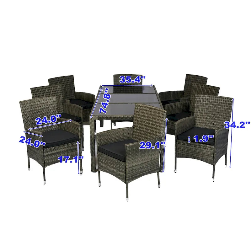 Outdoor Patio 9 Piece Wicker Dining Table Chairs Set Glass Table Top Casual Dining Table and 8 Removable Cushions Armchairs