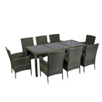 Outdoor Patio 9 Piece Wicker Dining Table Chairs Set Glass Table Top Casual Dining Table and 8 Removable Cushions Armchairs