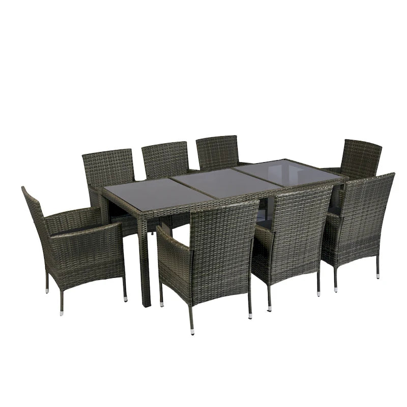 Outdoor Patio 9 Piece Wicker Dining Table Chairs Set Glass Table Top Casual Dining Table and 8 Removable Cushions Armchairs