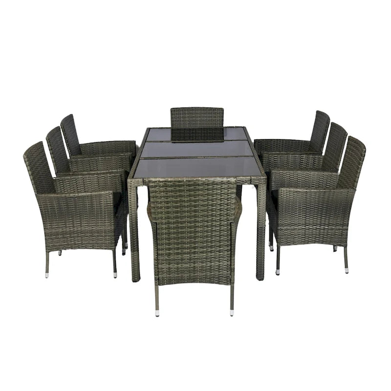 Outdoor Patio 9 Piece Wicker Dining Table Chairs Set Glass Table Top Casual Dining Table and 8 Removable Cushions Armchairs