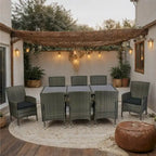 Outdoor Patio 9 Piece Wicker Dining Table Chairs Set Glass Table Top Casual Dining Table and 8 Removable Cushions Armchairs