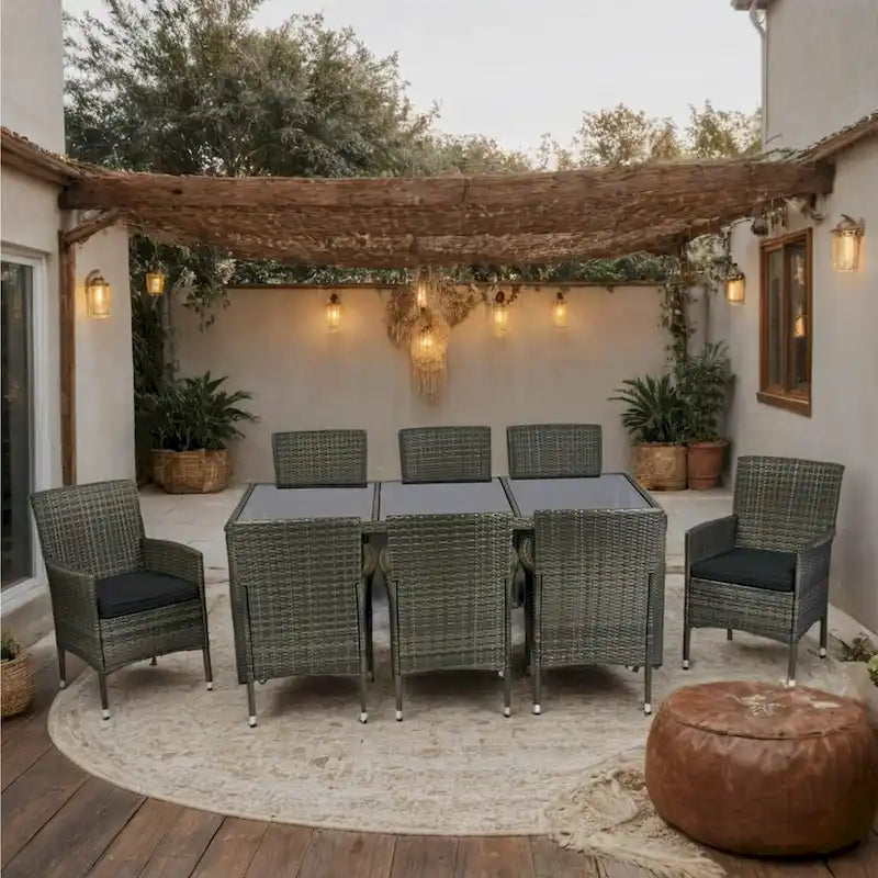 Outdoor Patio 9 Piece Wicker Dining Table Chairs Set Glass Table Top Casual Dining Table and 8 Removable Cushions Armchairs