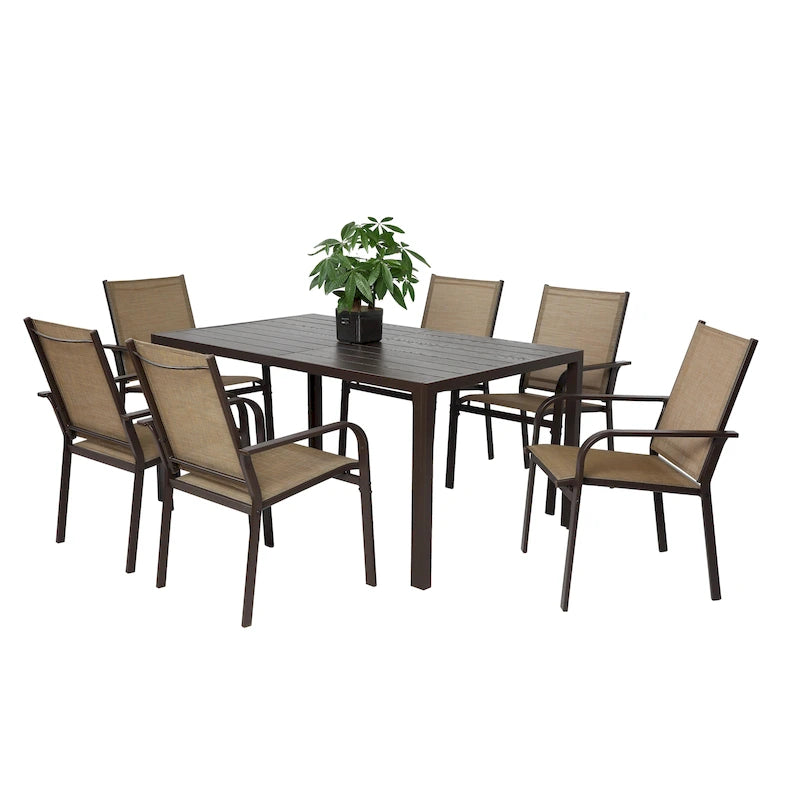 7 Pieces Patio Dining Set, Rectangular Dining Table and 6 Stackable Chairs, Outdoor Courtyard Conversation Casual Set