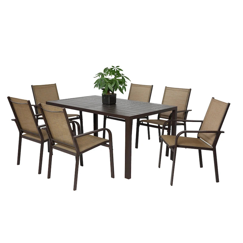 7 Pieces Patio Dining Set, Rectangular Dining Table and 6 Stackable Chairs, Outdoor Courtyard Conversation Casual Set