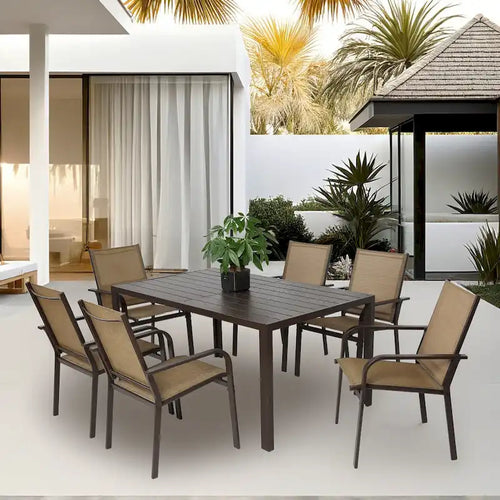 7 Pieces Patio Dining Set, Rectangular Dining Table and 6 Stackable Chairs, Outdoor Courtyard Conversation Casual Set