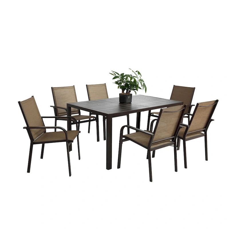 7 Pieces Patio Dining Set, Rectangular Dining Table and 6 Stackable Chairs, Outdoor Courtyard Conversation Casual Set