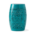 Outdoor Garden Stool Side Table, Lace-Cut 12 Inch Top, Teal Iron