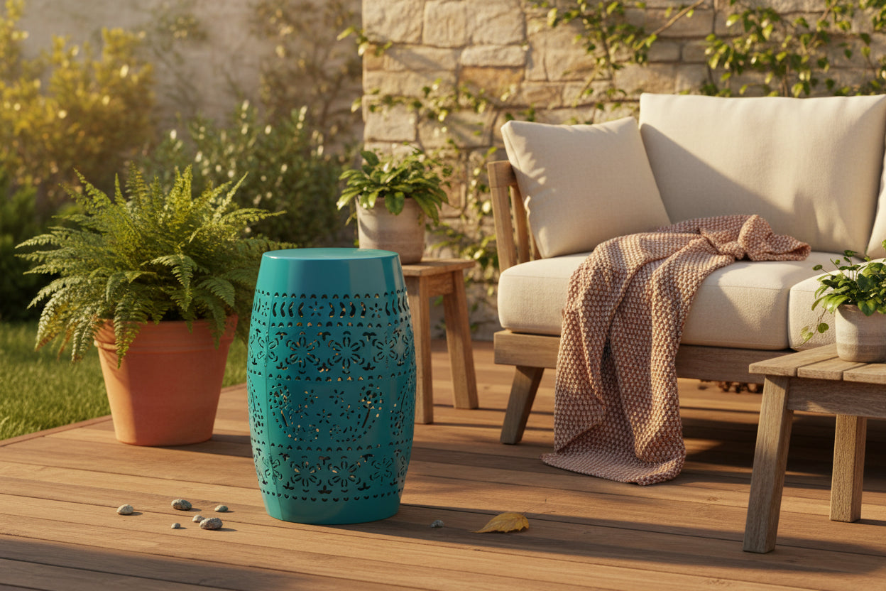 Outdoor Garden Stool Side Table, Lace-Cut 12 Inch Top, Teal Iron