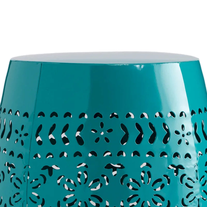 Outdoor Garden Stool Side Table, Lace-Cut 12 Inch Top, Teal Iron