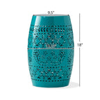 Outdoor Garden Stool Side Table, Lace-Cut 12 Inch Top, Teal Iron
