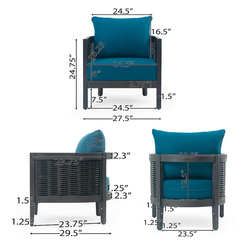 Roomfitters Outdoor Acacia Wood Wicker Club Chair with Cushions, Deep Seating Patio Furniture for Porch or Garden, Teal