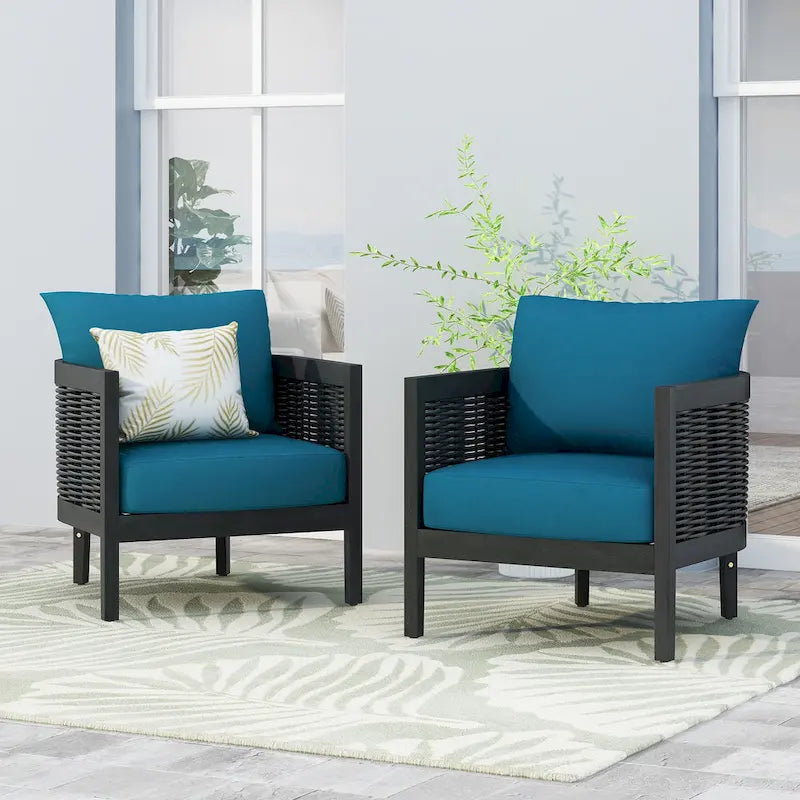 Roomfitters Outdoor Acacia Wood Wicker Club Chair with Cushions, Deep Seating Patio Furniture for Porch or Garden, Teal