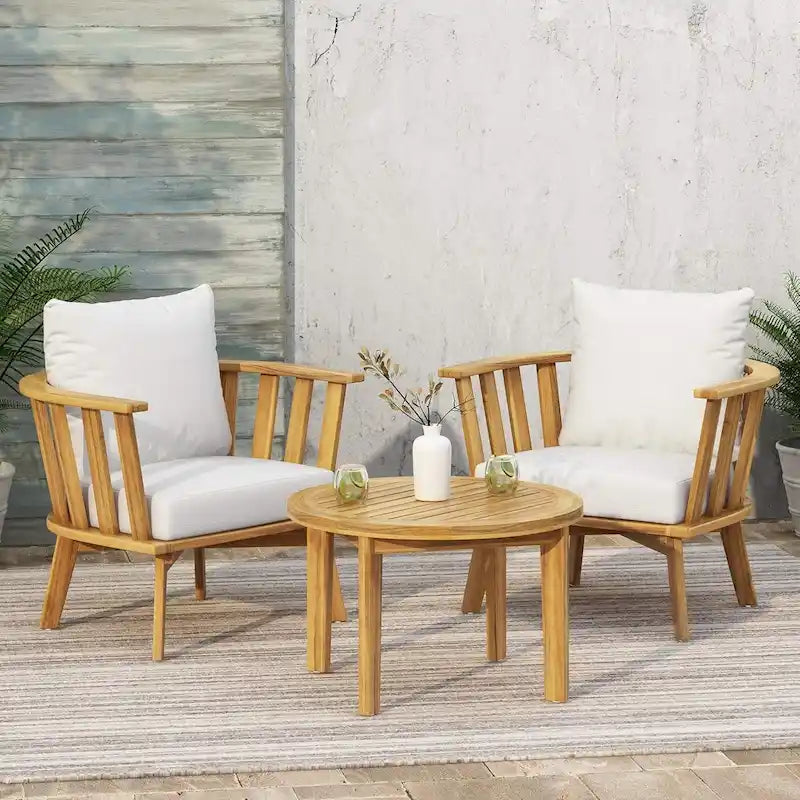 Roomfitters 3-Piece Acacia Wood Patio Set, Outdoor Club Chairs and Table with Waterproof Cushions for Porch, Beige+Teak