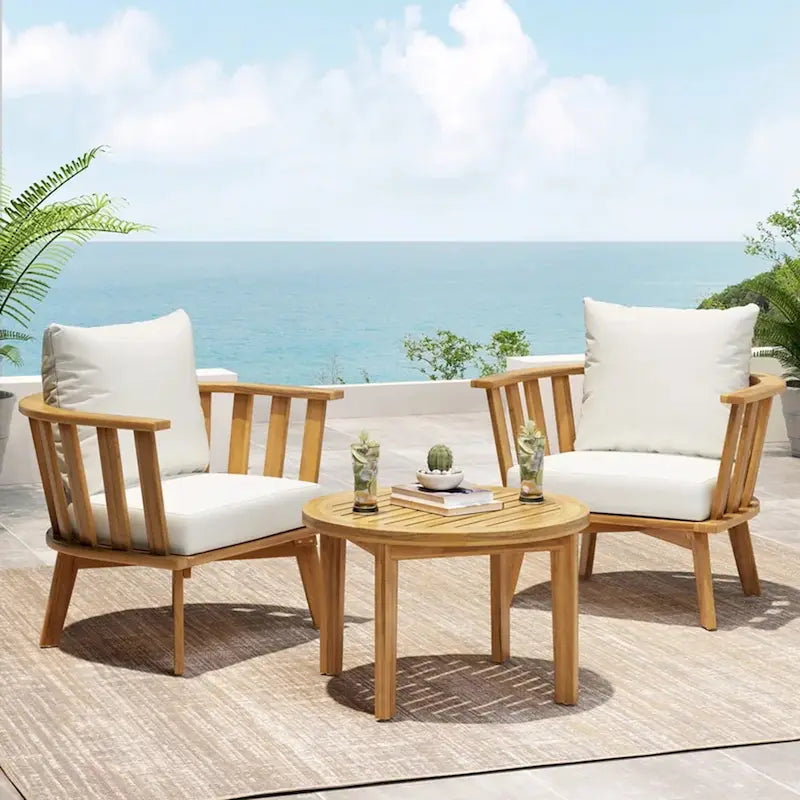 Roomfitters 3-Piece Acacia Wood Patio Set, Outdoor Club Chairs and Table with Waterproof Cushions for Porch, Beige+Teak