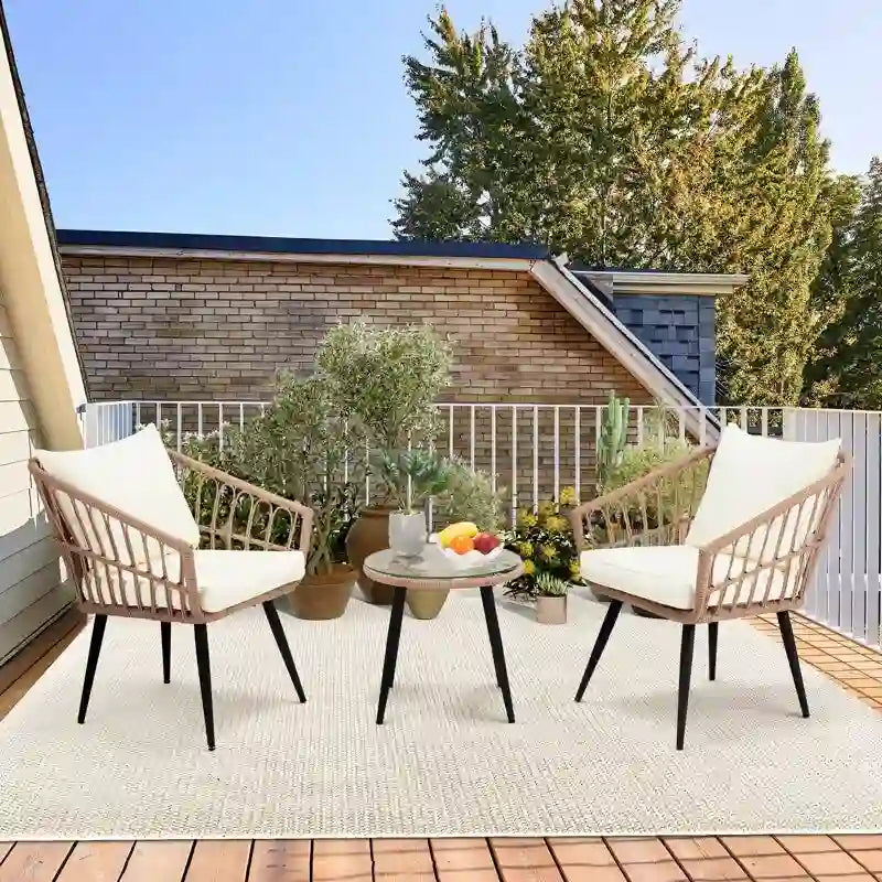 2-Person Outdoor Bistro Set with Cushions, All-Weather Patio Furniture Rattan Chairs & Tempered Glass Table for Porch