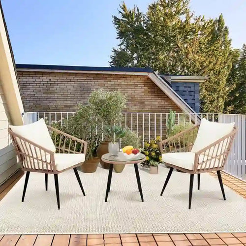 2-Person Outdoor Bistro Set with Cushions, All-Weather Patio Furniture Rattan Chairs & Tempered Glass Table for Porch