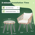 2-Person Outdoor Bistro Set with Cushions, All-Weather Patio Furniture Rattan Chairs & Tempered Glass Table for Porch