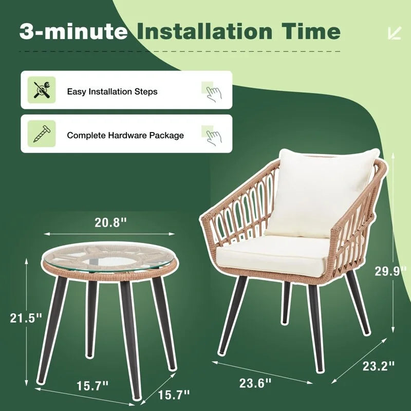 2-Person Outdoor Bistro Set with Cushions, All-Weather Patio Furniture Rattan Chairs & Tempered Glass Table for Porch