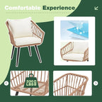 2-Person Outdoor Bistro Set with Cushions, All-Weather Patio Furniture Rattan Chairs & Tempered Glass Table for Porch