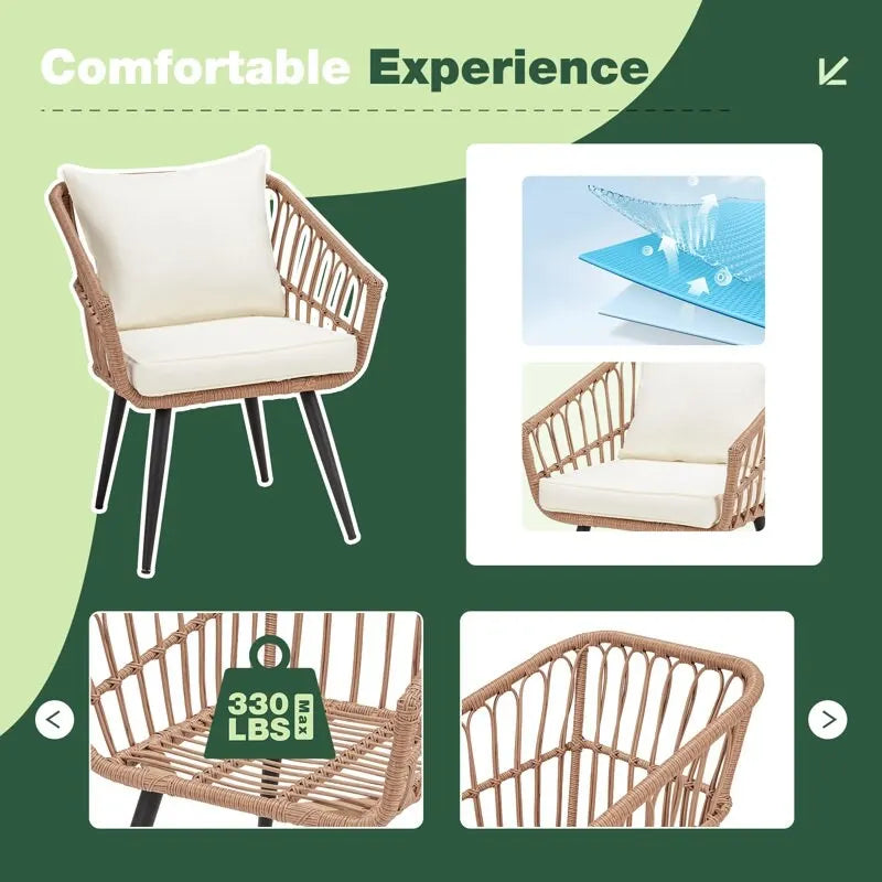 2-Person Outdoor Bistro Set with Cushions, All-Weather Patio Furniture Rattan Chairs & Tempered Glass Table for Porch