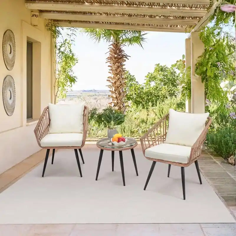 2-Person Outdoor Bistro Set with Cushions, All-Weather Patio Furniture Rattan Chairs & Tempered Glass Table for Porch