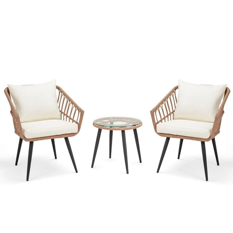 2-Person Outdoor Bistro Set with Cushions, All-Weather Patio Furniture Rattan Chairs & Tempered Glass Table for Porch