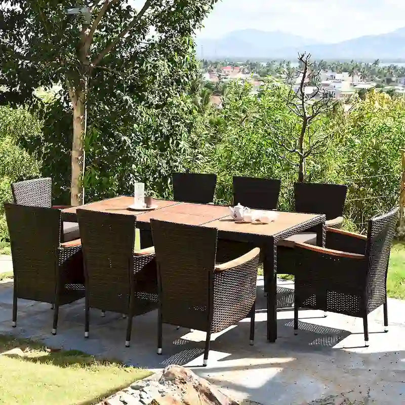 9PCS Patio Rattan Dining Set 8 Chairs Cushioned Acacia Table Top - 9-Piece Sets