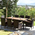 9PCS Patio Rattan Dining Set 8 Chairs Cushioned Acacia Table Top - 9-Piece Sets