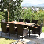 9PCS Patio Rattan Dining Set 8 Chairs Cushioned Acacia Table Top - 9-Piece Sets