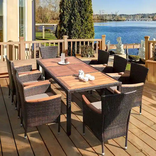 9PCS Patio Rattan Dining Set 8 Chairs Cushioned Acacia Table Top - 9-Piece Sets
