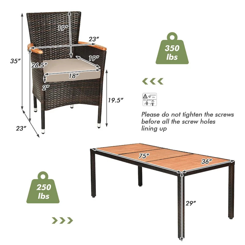 9PCS Patio Rattan Dining Set 8 Chairs Cushioned Acacia Table Top - 9-Piece Sets