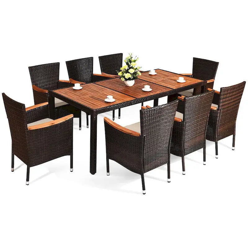 9PCS Patio Rattan Dining Set 8 Chairs Cushioned Acacia Table Top - 9-Piece Sets