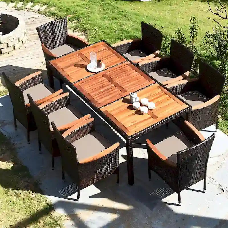 9PCS Patio Rattan Dining Set 8 Chairs Cushioned Acacia Table Top - 9-Piece Sets