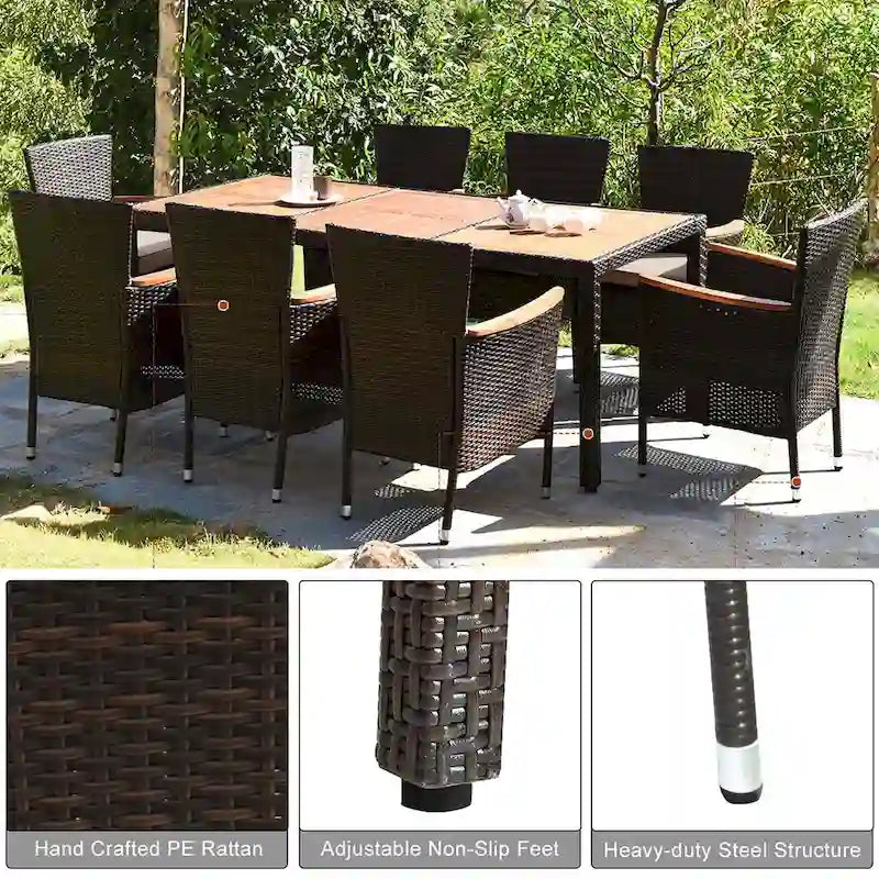 9PCS Patio Rattan Dining Set 8 Chairs Cushioned Acacia Table Top - 9-Piece Sets