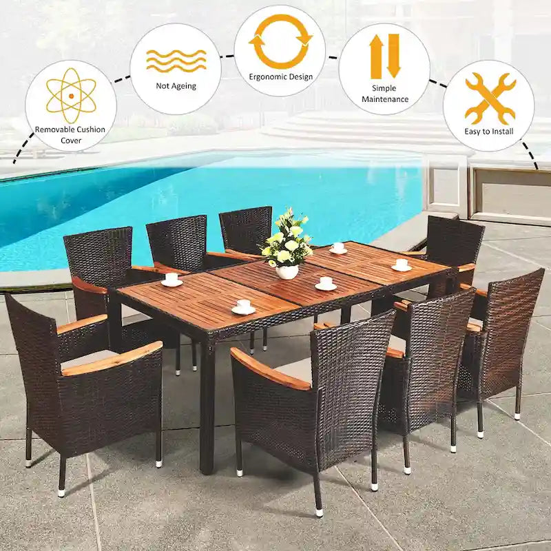 9PCS Patio Rattan Dining Set 8 Chairs Cushioned Acacia Table Top - 9-Piece Sets