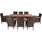 9PCS Patio Rattan Dining Set 8 Chairs Cushioned Acacia Table Top - 9-Piece Sets