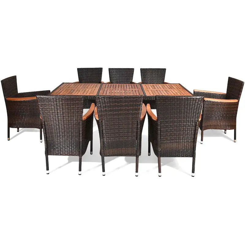 9PCS Patio Rattan Dining Set 8 Chairs Cushioned Acacia Table Top - 9-Piece Sets