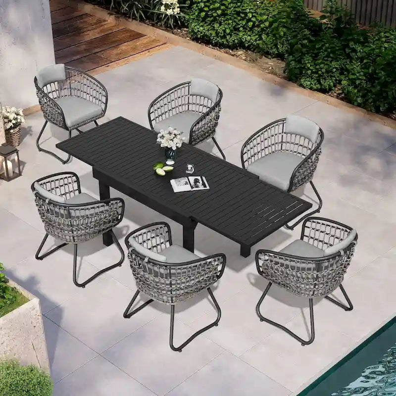 7PC Outdoor Set Aluminum Expandable Patio Dining Table with Rattan Chair