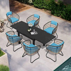 7PC Outdoor Set Aluminum Expandable Patio Dining Table with Rattan Chair