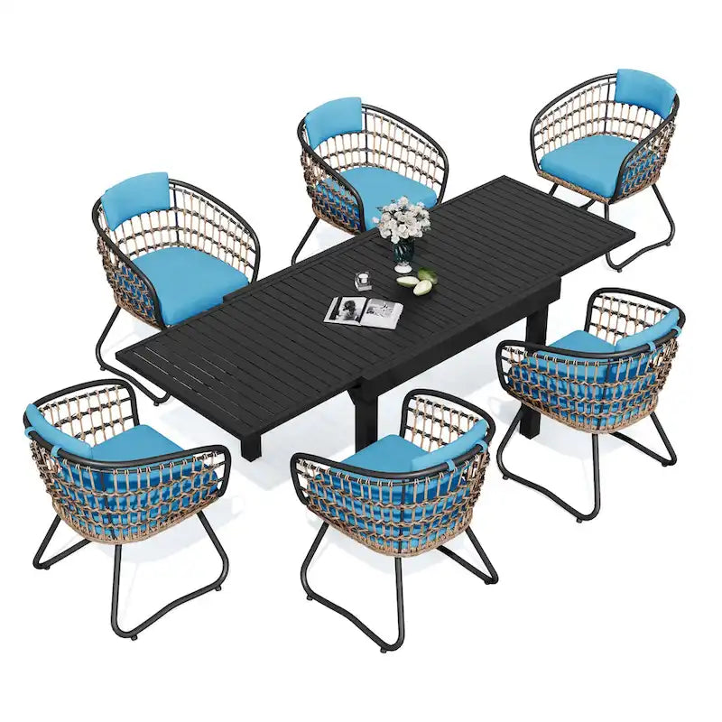 7PC Outdoor Set Aluminum Expandable Patio Dining Table with Rattan Chair