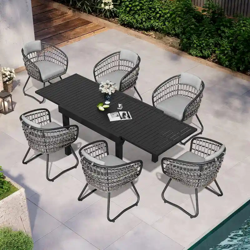 7PC Outdoor Set Aluminum Expandable Patio Dining Table with Rattan Chair