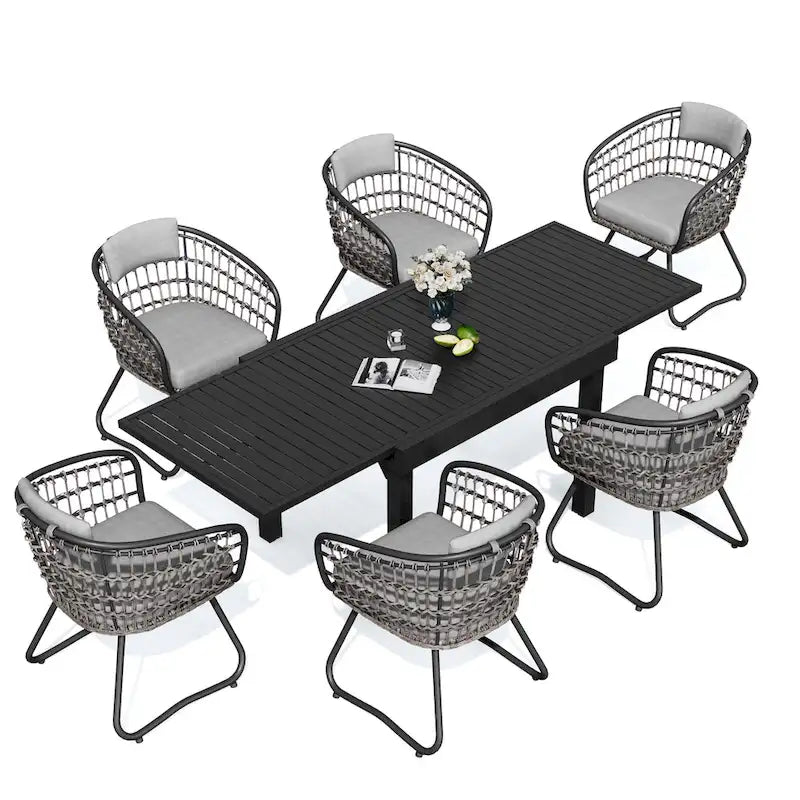 7PC Outdoor Set Aluminum Expandable Patio Dining Table with Rattan Chair