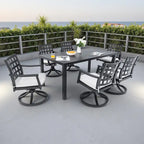 7-Piece Outdoor Patio Aluminum Dining Set with 67 Rectangular Table, 6 Swivel Rocker Chairs, and Umbrella Hole