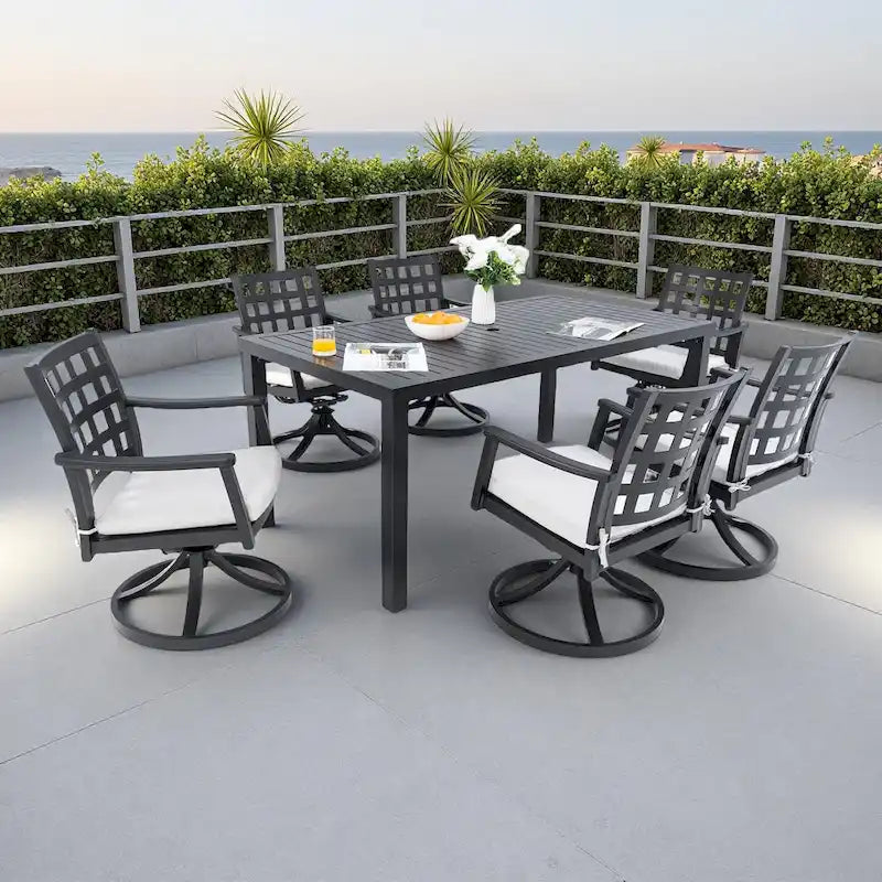 7-Piece Outdoor Patio Aluminum Dining Set with 67 Rectangular Table, 6 Swivel Rocker Chairs, and Umbrella Hole