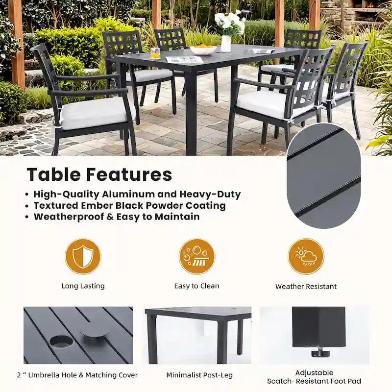 7-Piece Outdoor Patio Aluminum Dining Set with 67 Rectangular Table, 6 Swivel Rocker Chairs, and Umbrella Hole