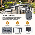 7-Piece Outdoor Patio Aluminum Dining Set with 67 Rectangular Table, 6 Swivel Rocker Chairs, and Umbrella Hole