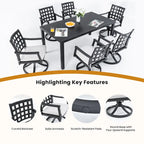 7-Piece Outdoor Patio Aluminum Dining Set with 67 Rectangular Table, 6 Swivel Rocker Chairs, and Umbrella Hole