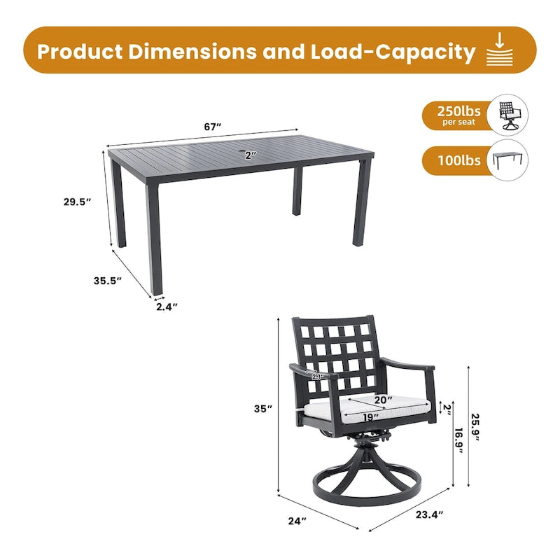 7-Piece Outdoor Patio Aluminum Dining Set with 67 Rectangular Table, 6 Swivel Rocker Chairs, and Umbrella Hole