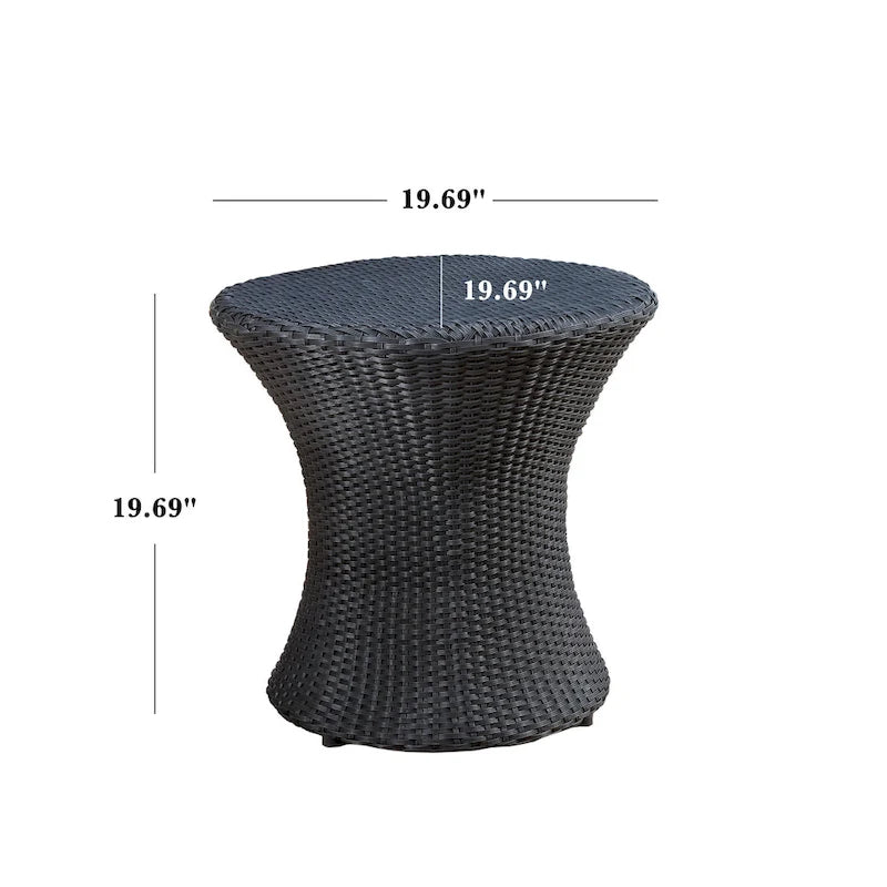 Loco Outdoor Side Table, Hourglass Shape, Round 20 Inch, Black Rattan