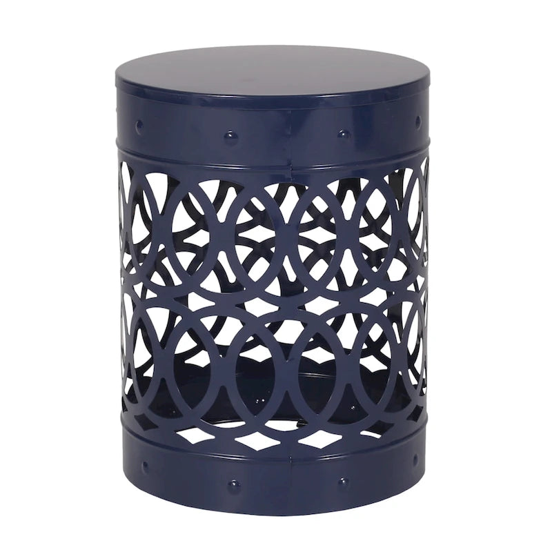 Kemo Outdoor End Table, Round 14 Inch, Cutout Design, Navy Blue Iron